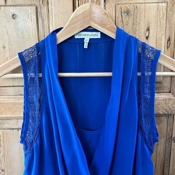 Heartloom Small Royal Blue Drape Neck Blouse Sleeveless Lace Slight Flaws - Picture 2 of 9